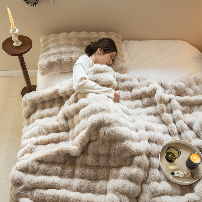 Double-sided Rabbit Fleece Blanket Solid Color Faux Fur Plush Blanket Soft Warm Throw Blanket For Couch Sofa Nap Blanket For Winter